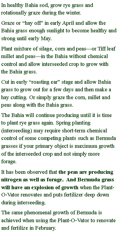 Text Box: In healthy Bahia sod, grow rye grass and rotationally graze during the winter. Graze or hay off in early April and allow the Bahia grass enough sunlight to become healthy and strong until early May. Plant mixture of silage, corn and peasor Tiff leaf millet and peasin the Bahia without chemical control and allow interseeded crop to grow with the Bahia grass. Cut in early roasting ear stage and allow Bahia grass to grow out for a few days and then make a hay cutting. Or simply graze the corn, millet and peas along with the Bahia grass. The Bahia will continue producing until it is time to plant rye grass again. Spring planting (interseeding) may require short-term chemical control of some competing plants such as Bermuda grasses if your primary object is maximum growth of the interseeded crop and not simply more forage. It has been observed that the peas are producing nitrogen as well as forage.  And Bermuda grass will have an explosion of growth when the Plant-O-Vator renovates and puts fertilizer deep down during interseeding. The same phenomenal growth of Bermuda is achieved when using the Plant-O-Vator to renovate and fertilize in February.